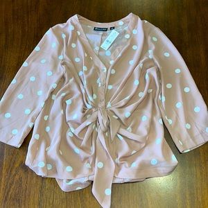 NY & Company 7th Avenue Dusty Rose White Polka Dot Knotted Top size M NWT